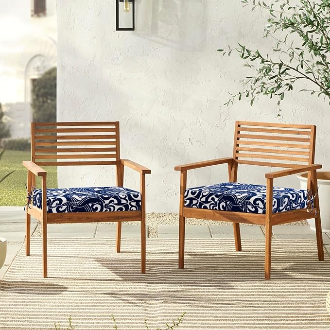 downluxe Outdoor Chair Cushions Set of 6 for Patio Furniture, Water-Resistant Square Corner Patio Chair Cushions with Ties, High Density Foam Outdoor Seat Cushion, 18.5" X 16" X 3", Blue Carp
