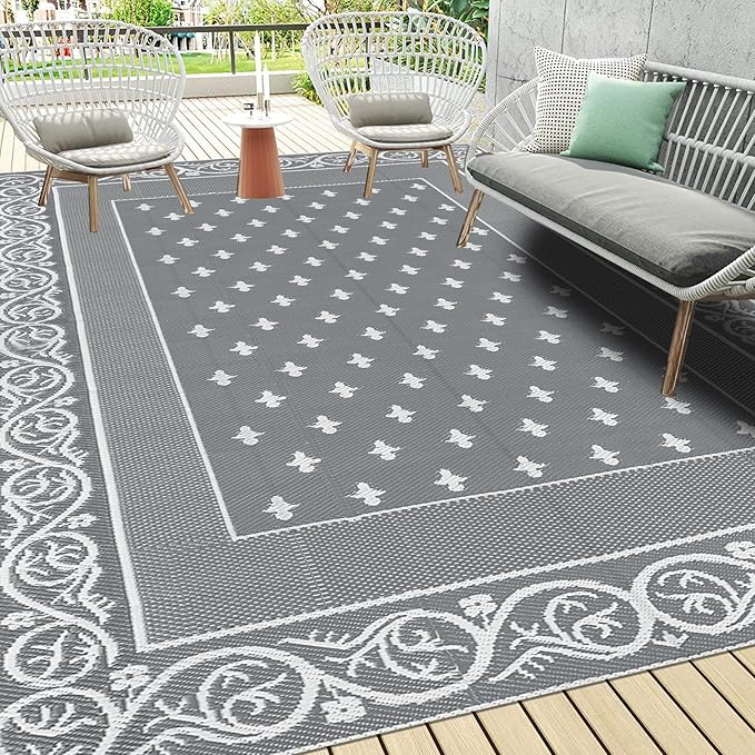 Pauwer Waterproof Outdoor Rug 9x12, Reversible Plastic Straw Patio Camping Rug, Indoor Outdoor RV Mat Carpet for Deck, Camper, Porch, Balcony, Backyard, Picnic, Bordered Grey