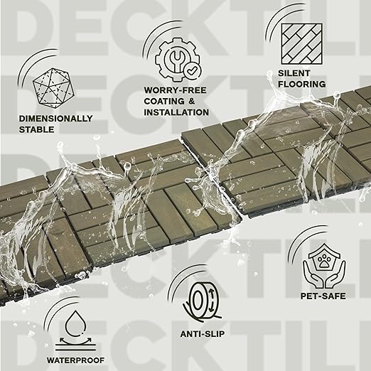 Acacia Wood Flooring Interlocking Deck Tiles for Patio Decor 27 Pcs 12 Slats VR Muted Green - Waterproof Indoor & Outdoor Decor - Balcony Garden Decking Tile (12.2 * 12.2 * 0.7 inches)