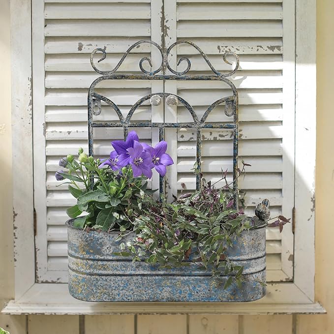 Vintage Rustic Wall Planter Distressed Grey Decor Iron Hanging Plant Basket Shabby Metal Wall Mounted Flower Holder Pot Stand for Indoor Outdoor Home Balcony Patio Farmhouse Garden Decorative Blue