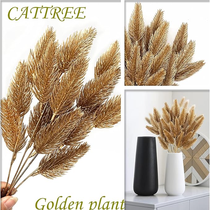 CATTREE Artificial Gold Leaves Plants Plastic Fake Grass Faux Shrubs Simulation Bushes Home Indoor Outdoor Garden Leaf Wedding Festival Decoration Hall Table Planter Filler – Golden Pinecone 2 Pack