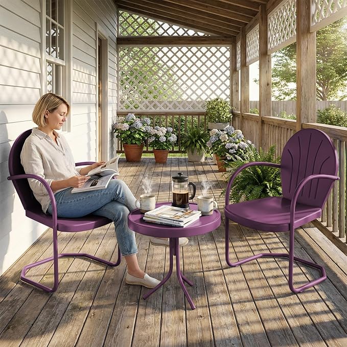 Patio Bistro Set Retro Metal Outdoor Seating Conversation 3 Pieces, 2 C-Spring Motion Armchairs and Round Side Table, for Porch, Lawn, Garden, Purple