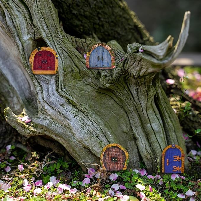 6 PCS Mini Fairy Garden Door for Tree, Miniature Fairy Door for Fairytale Tiny House Doors, Bonsai Terrarium Micro Landscape Decoration Accessories