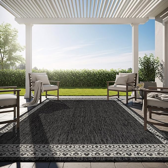 Washable Outdoor Rug 6x9 Modern Area Rugs Outdoor Carpets Bordered Pattern Non Shedding Waterproof Easy Clean Patio Deck Porch Living Room Bedroom Garden RV (6 X 9 Dark Gray)