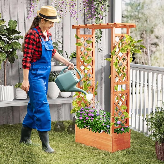 HAPPYGRILL Raised Garden Bed with Trellis, Wood Elevated Garden Bed with Hanging Roof, Planter Box, Drainage Holes for Climbing Plants, Flowers, Vegetables, 31" L x 14" W x 60" H