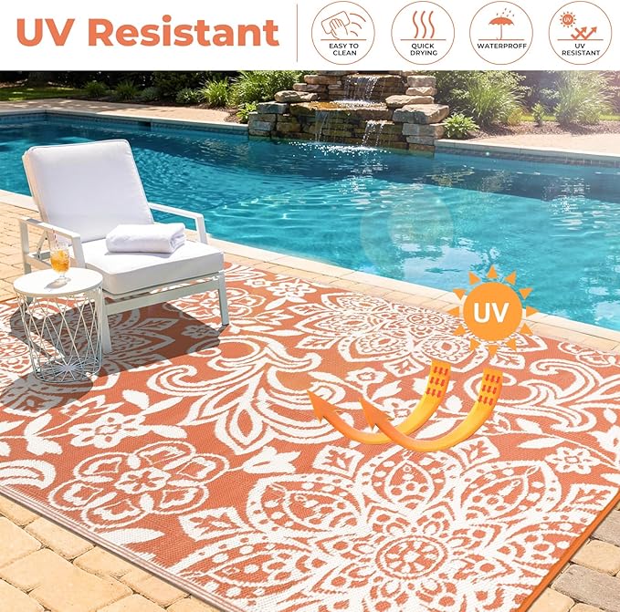 Findosom Waterproof Outdoor Rug 8' x 10' - Reversible Mandala Outdoor Plastic Straw Rug, Durable Foldable Patio Rug for RV, Deck, Balcony, Backyard, Picnic, Porch, Camping, Beach, Orange