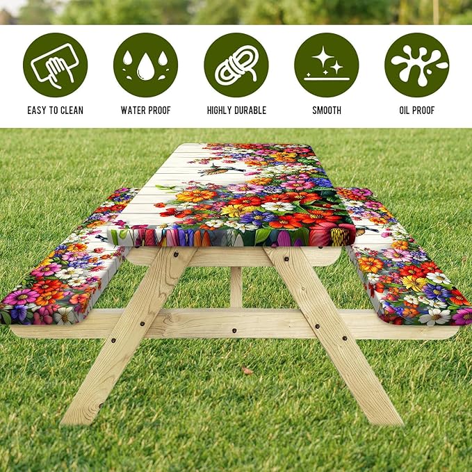 Floral Picnic Table Cover with Bench Covers, Camping Bird Flower Wooden Spring Essentials Waterproof Windproof Camping Tablecloth with Drawstring Bag, Fitted Rectangle Tables and Seats, 60in