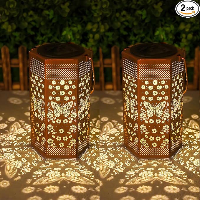 2 Pack Butterfly Solar Lantern Outdoor Waterproof - Mothers Day Gifts for Mom Grandma - Birthday Day Gifts for Women, Garden Decor Solar Lights Outdoor