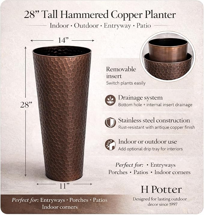 H Potter Tall Copper Planter Indoor Outdoor – 28” Antique Copper Hammered Metal Garden Planter with Insert & Drainage, Includes Drip Tray – Large Decorative Floor Planter for Entryway, Porch, Patio