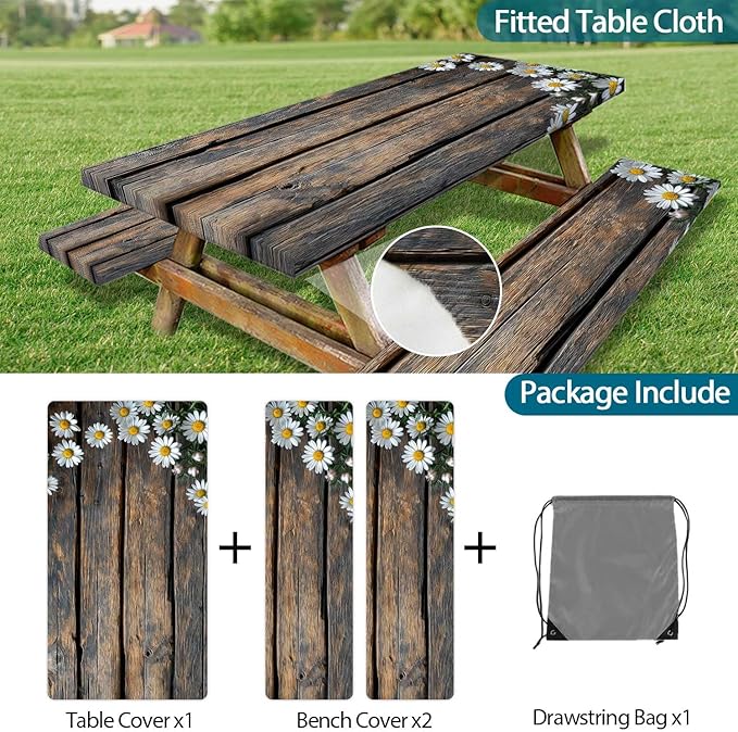 Picnic Table Cover with Bench Cover, Outdoor Patio Camping Essentials Farmhouse Daisy Table Covers with Elastic Waterproof Camping Tablecloth with Drawstring Bag, 60In 3PCS