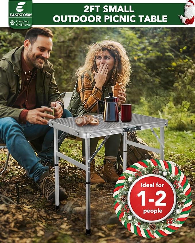 Small 2ft Folding Table with Carry Handle, Adjustable Height 10.6" or 22", Silver Metal Mesh, Portable & Compact Indoor/Apartment/Card/Side/Grill Table, 23.6"Lx15.8"W, Lightweight 4 lb, 66 lb Capacity
