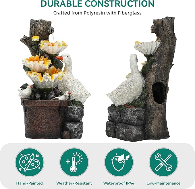 19" Water Fountain Indoor Outdoor, 4-Tier Sunflower & Duck Design with LED Lights and Cascading Waterfalls, Rustic Decor for Garden, Yard, Patio, Flowerbed & Farmhouse