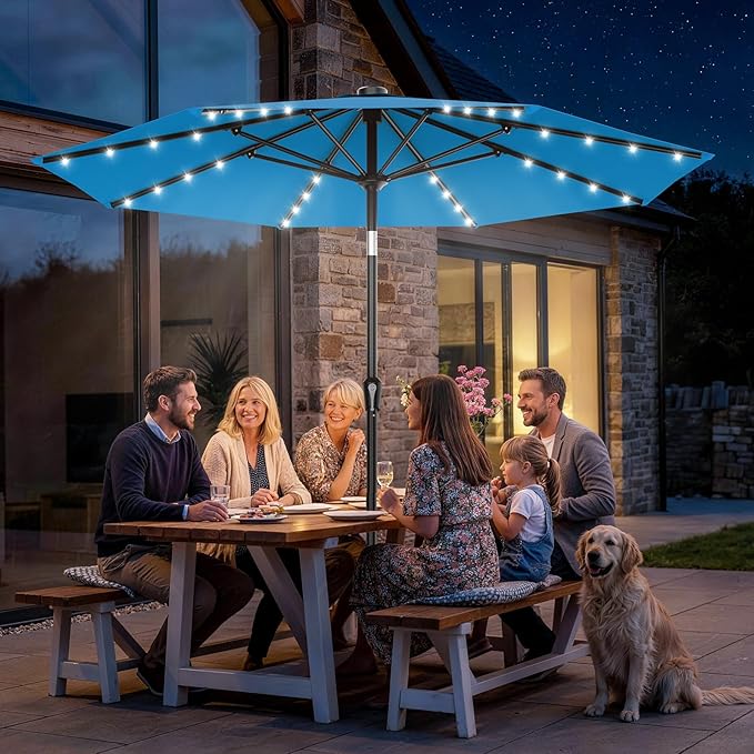 AreShark 9FT Patio Umbrella with Solar Lights, 32 LED Lighted Pool Umbrella w/Tilt and Crank, Outdoor Market Solar Umbrellas for Garden, Deck, Backyard, Pool and Beach, Royal Blue