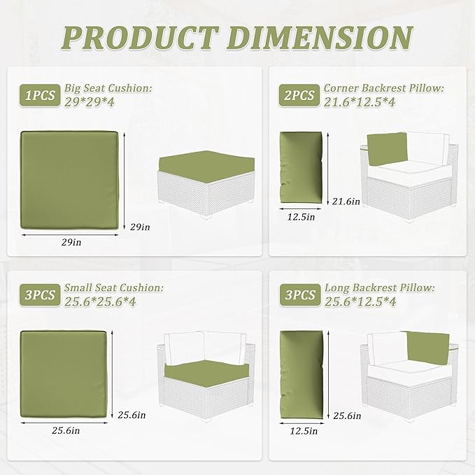 Patio Furniture Cushions, Replacement Outdoor Cushions for 4-Seat Patio Furniture, Waterproof Cushions for Outdoor Sectional Sofa Couch, Light Green