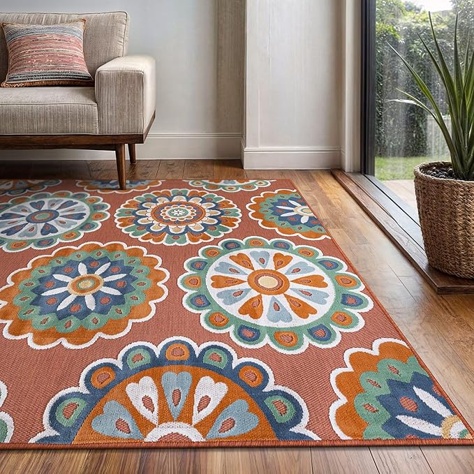 Outdoor Rug 5x7 Washable Area Rugs Indoor Outdoor Carpets Orange Bohemian Medallion Non Shedding Waterproof Easy Clean Patio Deck Porch Living Room Bedroom Garden RV (5 X 7 Orange)