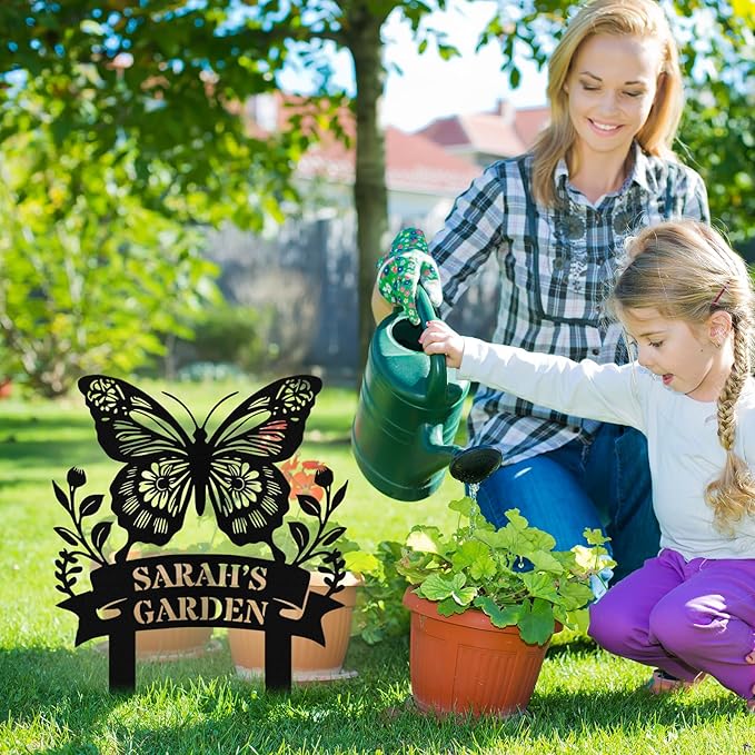Custom Metal Butterfly Garden Sign with Stake, Personalized Garden Signs for Outside, Customized Garden Name Signs for Yard Lawn Outdoor Decor Gardening Gifts for Moms Grandmas Gardeners