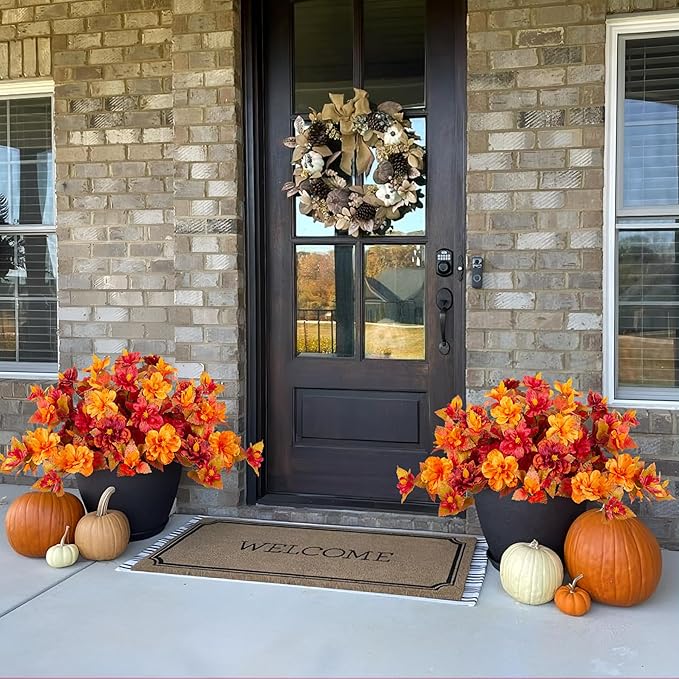 Fake Fall Flowers Artificial for Outdoors Decoration 2PCS Faux Orange Flowers for Outdoor Planters Outside Hibiscus Flower Fall Décor for Home Front Porch Yard Patio
