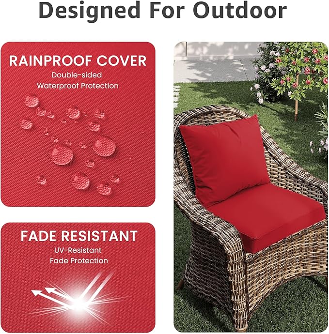 Outdoor Chair Cushions 19 x 19 x 3 Inch, Waterproof & Fade Resistant Patio Seat Cushion for Furniture with Handle and Ties, Thick Seating Pads for Outside Sofa Couch Set of 2, Red