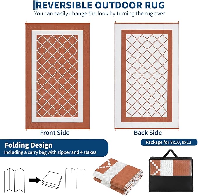 Outdoor Rug 10x20 Waterproof Reversible Mat Indoor Outdoor Plastic Straw Rus Carpet All Weather Modern Trellis RV Mat Carpet for Patio Deck Balcony Pool Picnic Orange/White