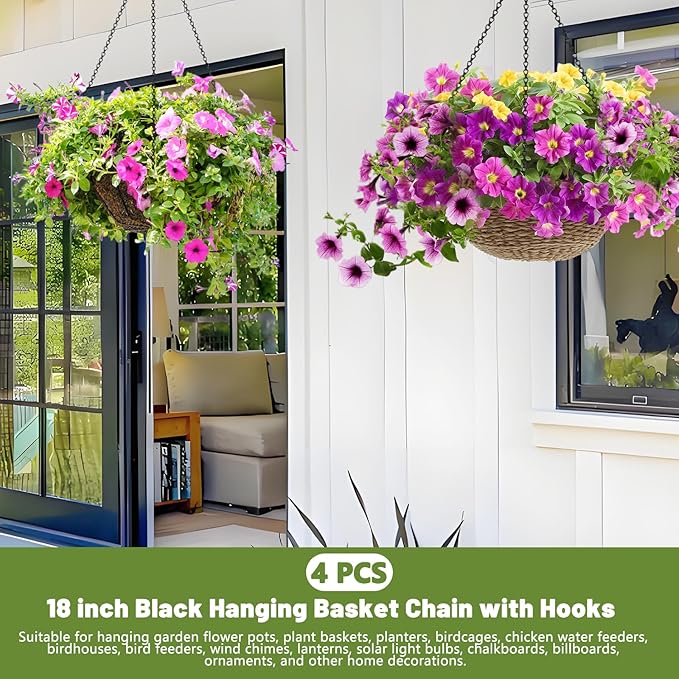 4 Pack 18Inch Hanging Basket Chain,Black Hanging Chain with Hooks Flower Pot Chain Replacement Plant Hangers for Bird Feeders,Planters Wind Chimes and Decorative