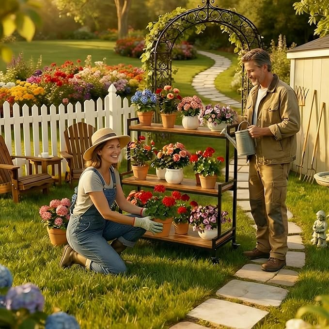 Flower Cart Display Stand with Wheels - Solid Wooden Plant Stand Shelf Outdoor - 3 Tier Patio Rolling Flower Stand - Ladder Folwer Holder Stand 37''x31'' for Florist, Garden, Wedding, Living Room, Burnt Yellow