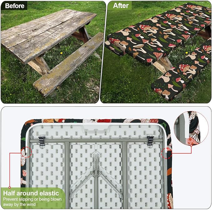 Play Tailor Picnic Table Cover with Bench Covers Camping Essentials Waterproof Windproof Camping Tablecloth with Drawstring Bag, Fitted Rectangle Tables and Seats, 72in, Black Red