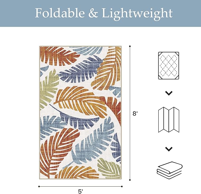 GENIMO Outdoor & Indoor Area Rug 5'x8', Waterproof, Non-Shedding, Easy Cleaning, Leaf Mat for Patio, Living Room, Balcony, Dining Room, RV, Deck, Bedroom, Camping, Outside Carpet, Rust Navy