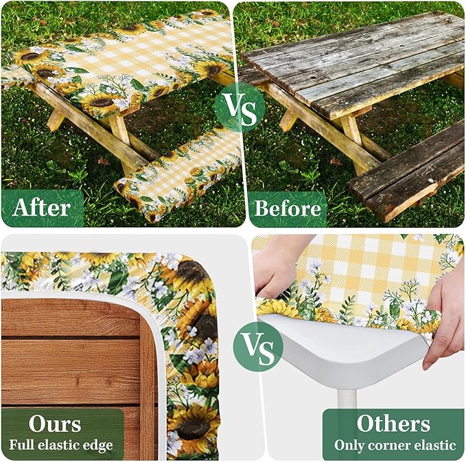 Picnic Table Cover with Bench Covers Elastic Edges, Yellow Fitted Table Cover, Outdoor Patio Camping Essentials 96 Inch 3PCS, Waterproof Camping Fitted Tablecloth with Drawstring Bag