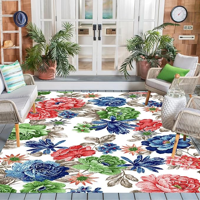 Floral Textured Modern Farmhouse Waterproof Outdoor Area Rug for Patio Deck Porch Balcony Ultra Navy Blue Green Garden Washable Outside Large Carpet Home Entrance Hallway Non Slip Mat 3x5