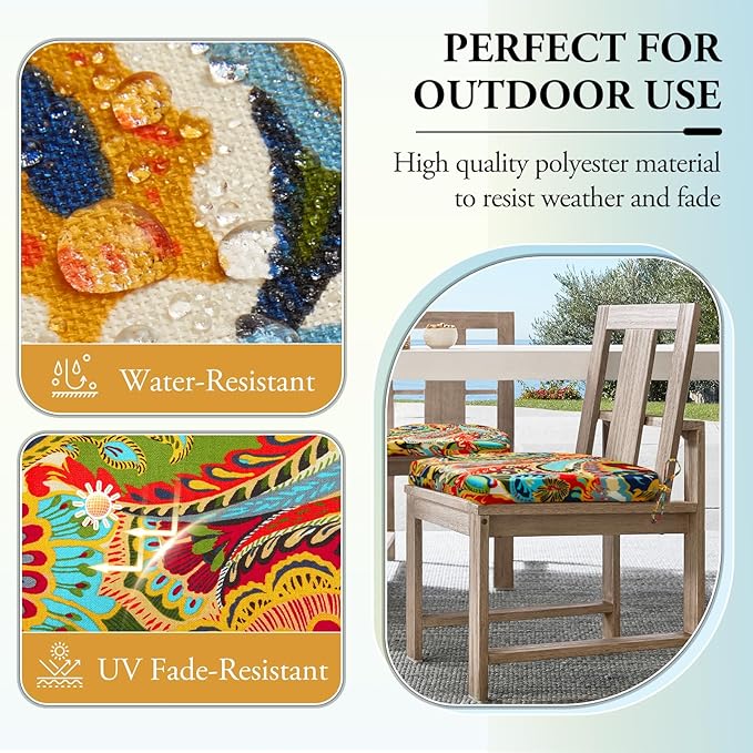 Wellsin Outdoor Chair Cushions for Patio Furniture - Patio Chair Cushions Set of 2 - Water Resistant Round Corner Outdoor Seat Cushions 17"X16"X2", Flower