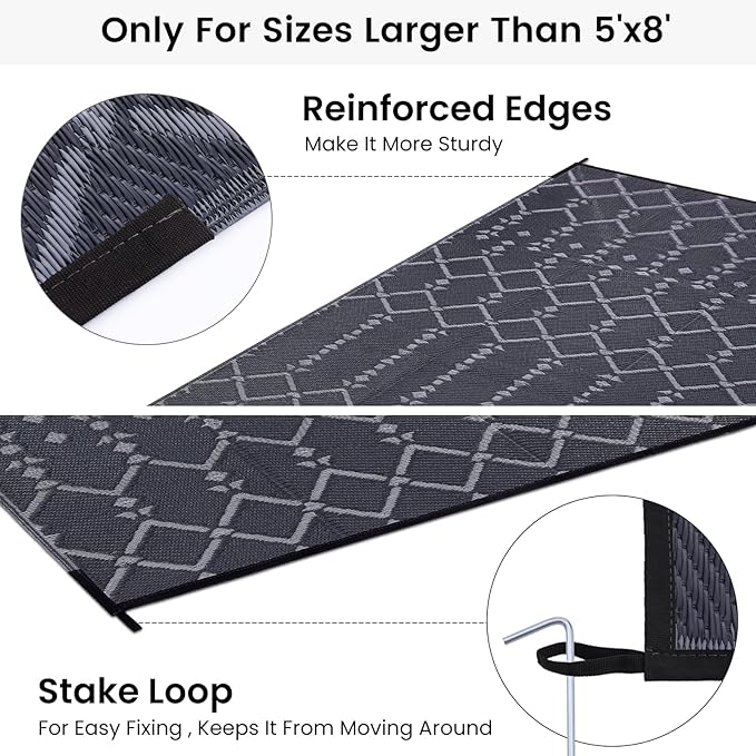 Smiry Outdoor Rug 9x12 ft, Waterproof Reversible Plastic Straw Rugs, Boho Outdoor Area Rug, Outside Floor Mat for Patio, Backyard, Deck, Picnic, Beach, Camping, Dark Grey