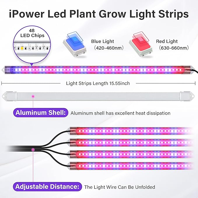 iPower 2Pack 60W LED Grow Lights with Full Spectrum Plant Growing Light Strips for Indoor Plant with Auto ON/Off 3/9/12H Timer, 10 Dimmable Levels 48 LEDs Per Tude, 4 Tubes, Red&Blue