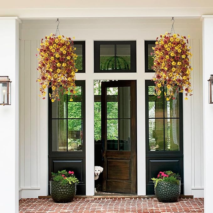 Fall Artificial Faux Mums Hanging Flowers Plants Basket for Outdoor Decoration,Fake Silk Daisy planters UV Resistant Look Real for Home Porch Patio Balcony Yard Autumn Decor (Yellow Brown)