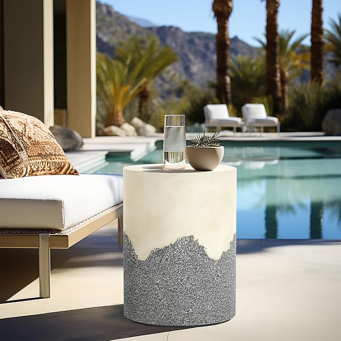LuxenHome Gray and Cream Cement Round Outdoor Side Table, Set of 2