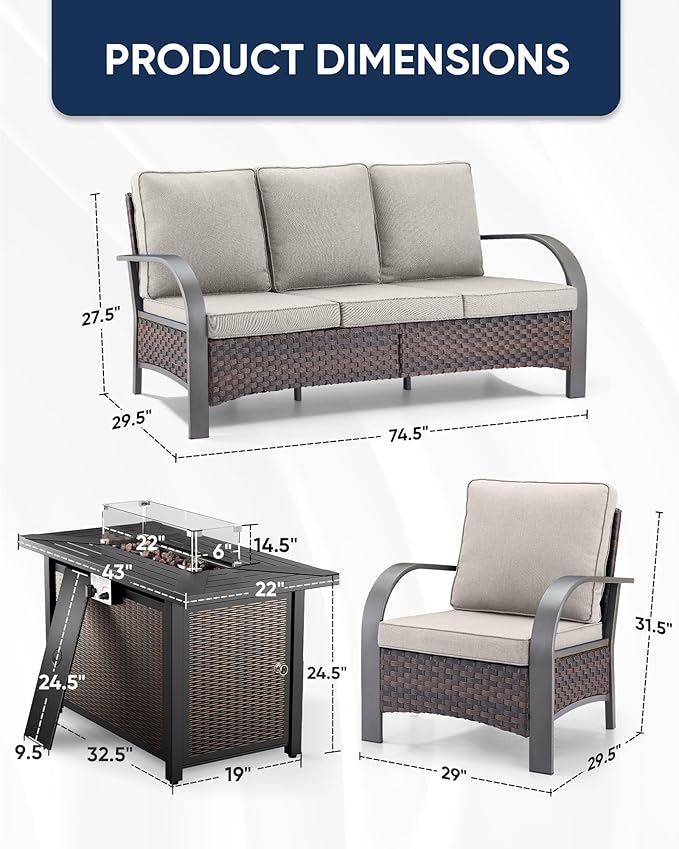 HUMMUH Wicker Patio Furniture Set with Fire Pit-Outdoor Wicker Chairs Set of 2 with Outdoor Patio Couch Outdoor Furniture Sets for Deck Porch Garden Poolside Backyard-Brown/Beige
