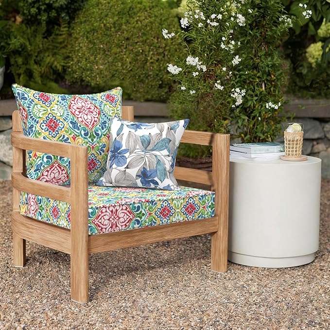Outdoor Deep Seat Cushion Set, Water Repellent 24"x24" Patio Thick Cushions Replacement with Seat & Back Pillow for Patio Sofa, Wicker Chair, Couch - Damask Red
