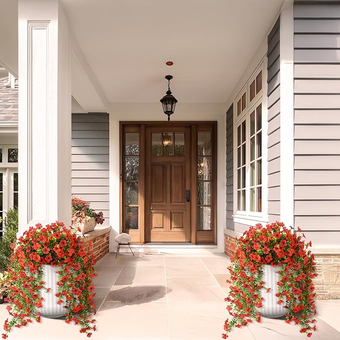 Fake Artificial Hanging Flowers for Outdoors, 2 Pcs Fake Hanging Plant Spring Summer Decor, UV Resistant No Fade Faux Silk Daisy Flower for Front Door Porch Planter Patio Yard Garden(Red)