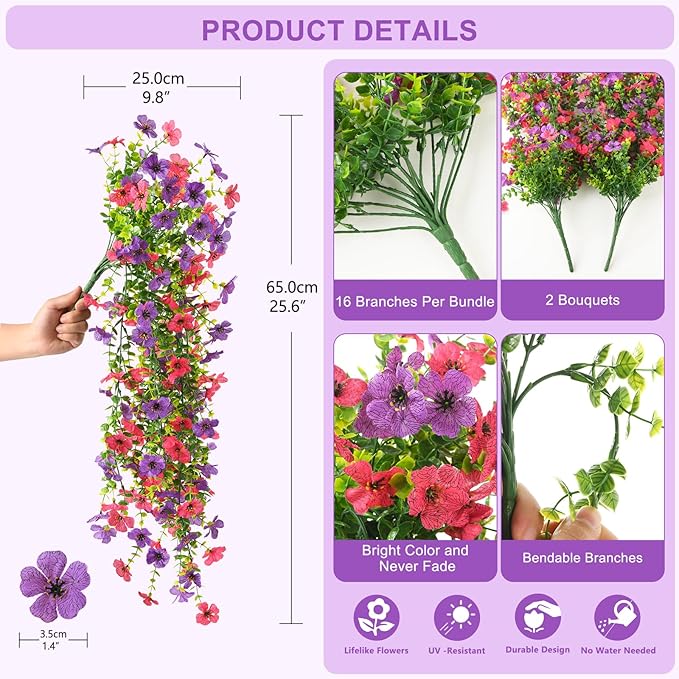 Artificial Hanging Flowers for Outdoors, 2 Pcs Fake Hanging Plant Spring Summer Decoration, UV Resistant No Fade Faux Silk Daisy Flower for Planter Porch Patio Yard Garden Decor(Purple Hot Pink)