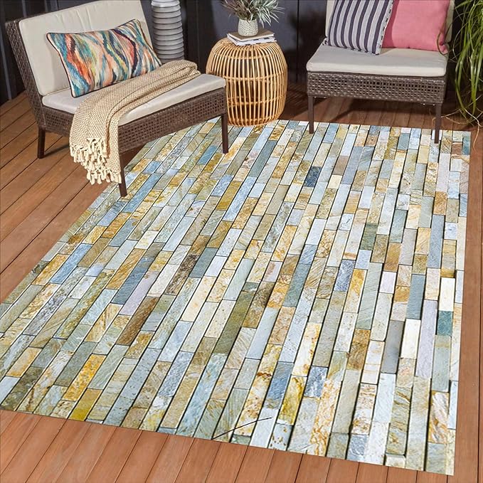 Waterproof Stone Brick Wall Texture Outdoor Rugs for Garden Backyard Patio Balcony Deck Non Slip Easy Clean Outside Carpet Low Pile Washable Stain Resistant Porch Hallway Farmhouse Floor Mat 10x14