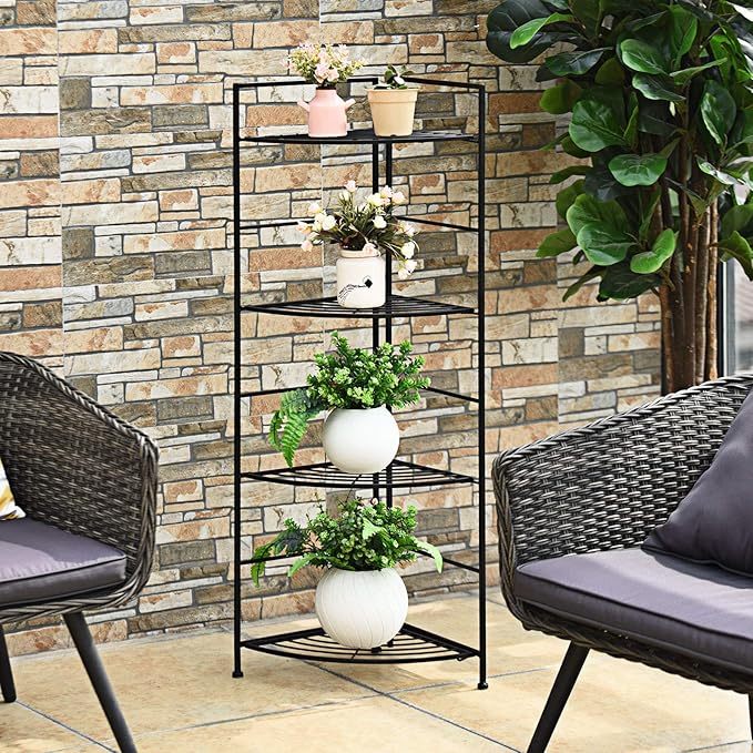 Giantex Folding Metal Plant Rack, 4 Tiers Corner Shelf Plant Stand, Flower Pots Holder Display Rack Storage Shelves for Balcony Patio Living Room