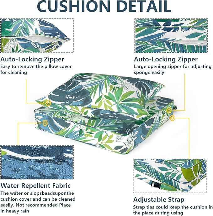 Outdoor Deep Seat Cushion Set, Water Repellent 22"x22" Patio Thick Cushions Replacement with Seat & Back Pillow for Patio Sofa, Wicker Chair, Couch - Islamorada Blue Green