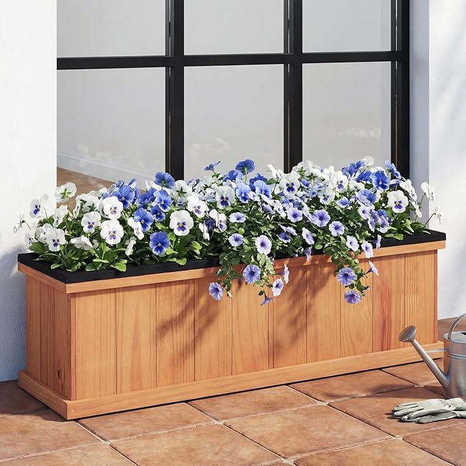 Giantex Outdoor Raised Garden Bed Set of 2, 40” x 13” x 12” Pine Wood Planter Box w/ 3 Drainage Holes, Removable Bottom & Bed Liner, Rectangular Flower Container for Vegetables Herbs, Indoor & Outdoor
