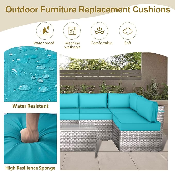 Outdoor Replacement Cushions for Patio Furniture,14-Piece Patio Water-Resistant Replacement Sofa Cushions,Fits 6-seat Sectional Rattan Conversation Set,Liner&Cover (Lake Blue)