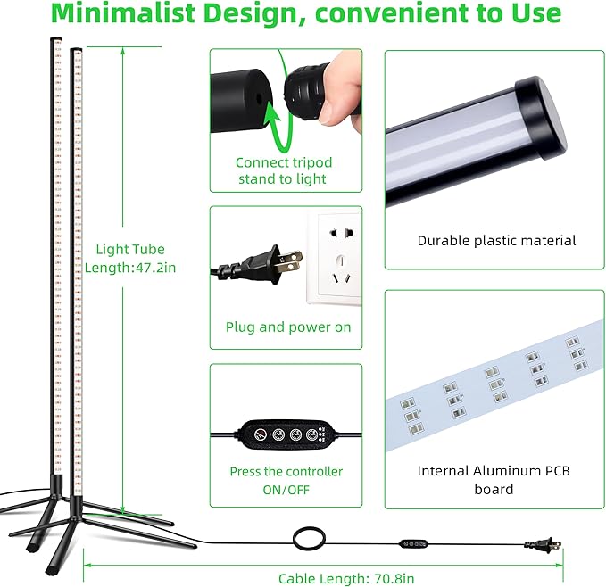 Standing Grow Light for Indoor Plants with Timer,42W Vertical Grow Lights for Indoor Plants Full Spectrum,4FT T8 243LED Plant Lights for Indoor Growing with On/Off Timer Function, 2 Pack