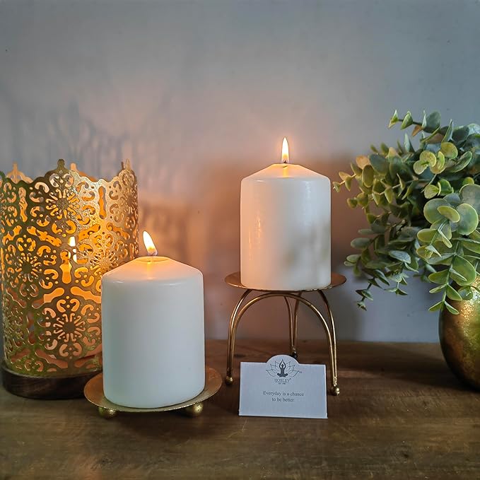 Hosley Set of 2 Gold Iron Pillar Candle Holder Plates – 4-Inch Decorative Round Trays for Pillar Candles – Ideal for Weddings, Special Occasions, Home Décor, and Pedestal Displays