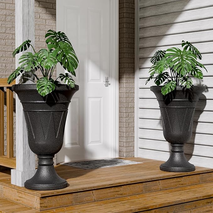 23.6" Tall Plastic Urn Planters for Outdoor Plants, Set of 2 Heavy-Duty Classic Indoor Large Flower Pots with Drainage Holes & Trophy Design, Outdoor Planters for Porch, Home Garden, Black