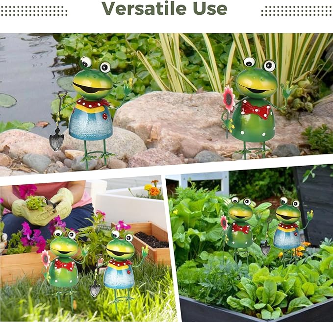 2 Pcs 3D Metal Frog Statue, Outdoor Frog Figurine, Cute Garden Sculptures Holding Flower/Shovel, 3.9 x 7.5 in Sturdy Iron Yard Art Garden Decor for Lawn Patio Decor, Gift for Gardener