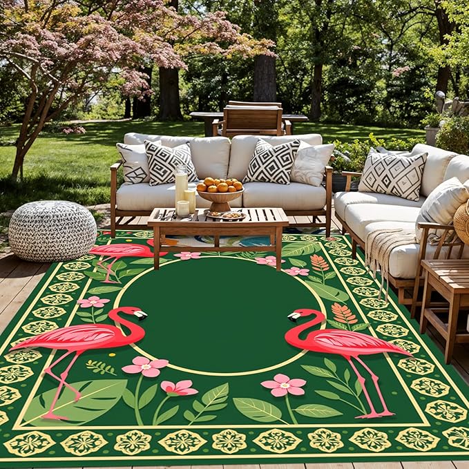 Emerald Green Pink Flamingo Tropical Patio Rug 2x3 Waterproof Washable Bohemian Chic Indoor Outdoor Carpet Yellow Border Unique Outside Rugs for Porch Balcony Porch Deck Poolside Backyard