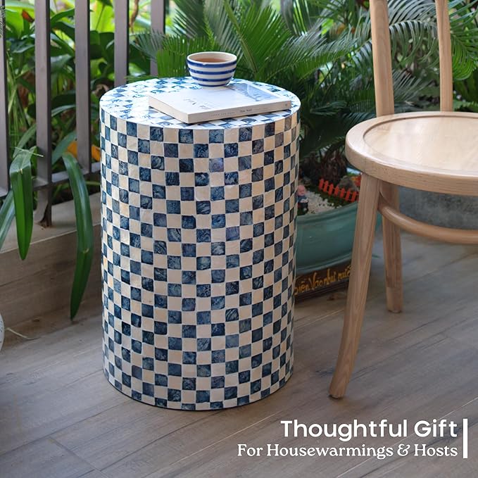 19.7” Checkered Capiz Shells Drum End Table, Decorative Cylinder Side Table & Garden Stool, Round Pedestal Accent Table for Living Room, Bedroom, Indoor & Outdoor (Navy Blue)