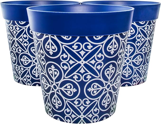 Hum Flowerpots, 10 inch Set of 3, Various Patterns Colors and Sizes, Indoor/Outdoor Plastic Plant Pots (Blue Maroc)